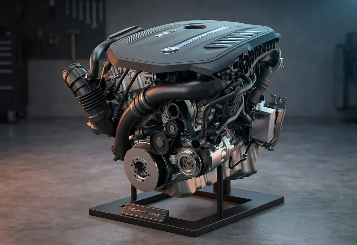 BMW B48 engine on an engine stand