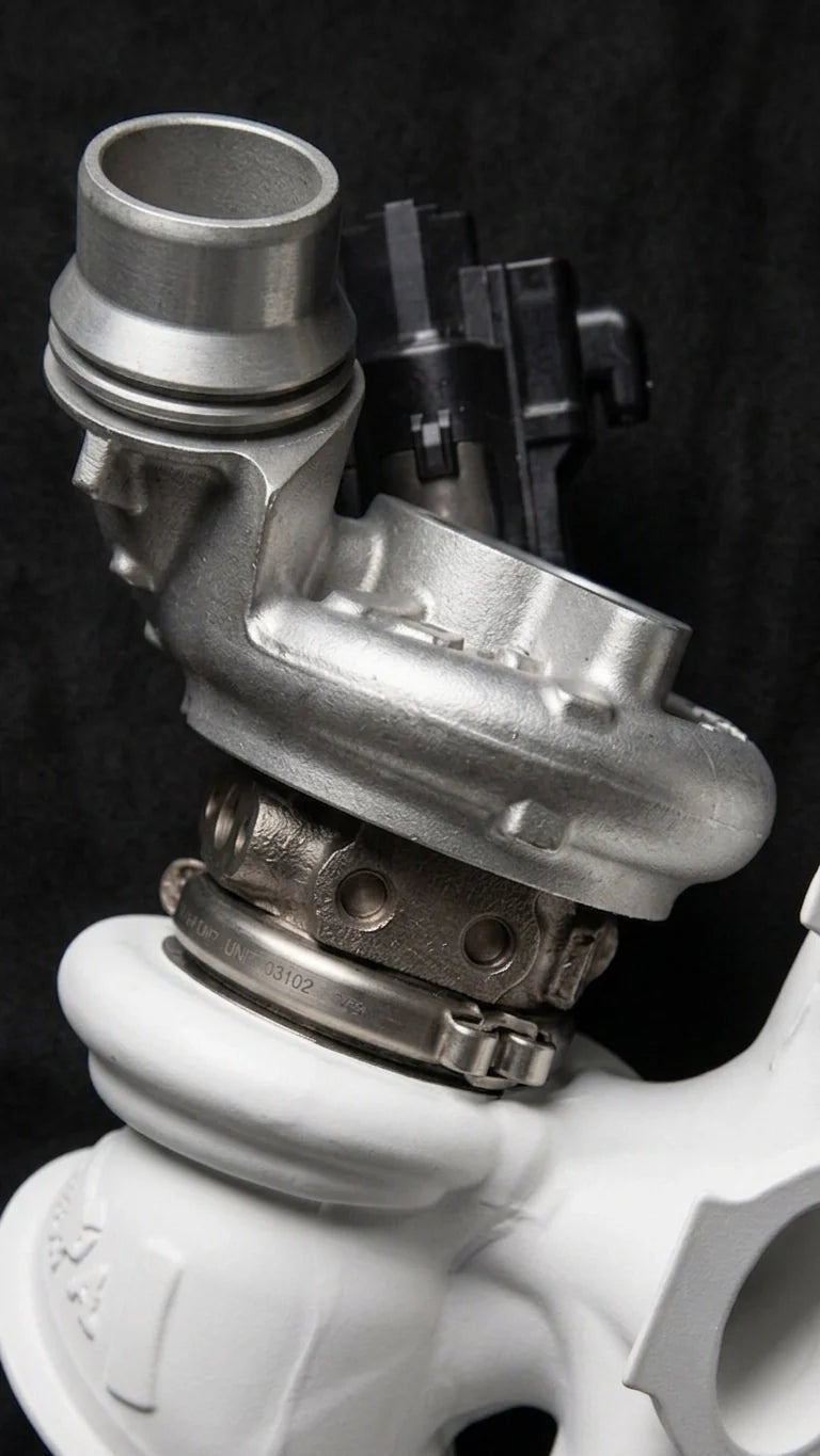 Macro close-up of the B48 Phantom turbo compressor housing — B48 Stage 3 hardware