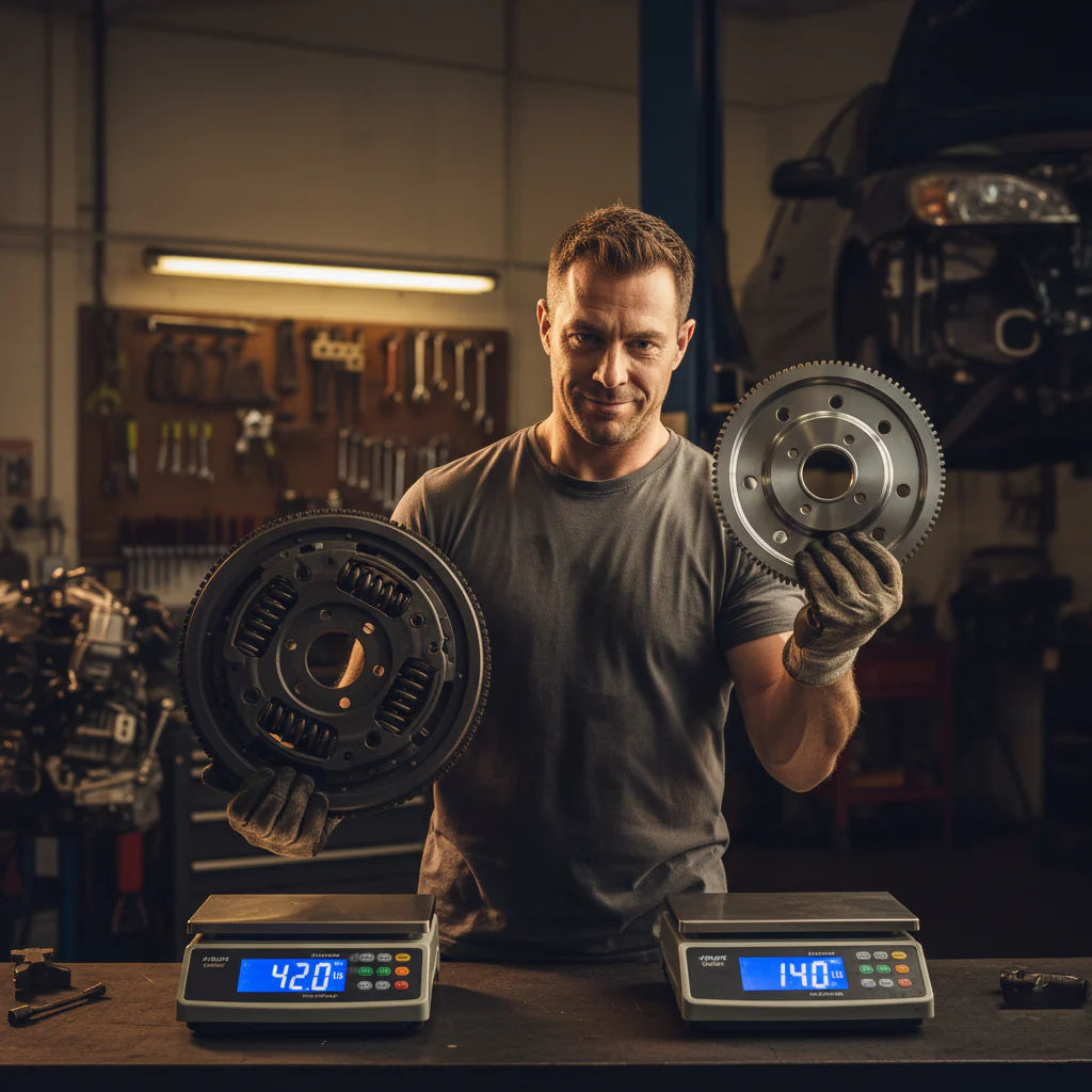 Mechanic holding two flywheels above scales comparing their weights in a garage