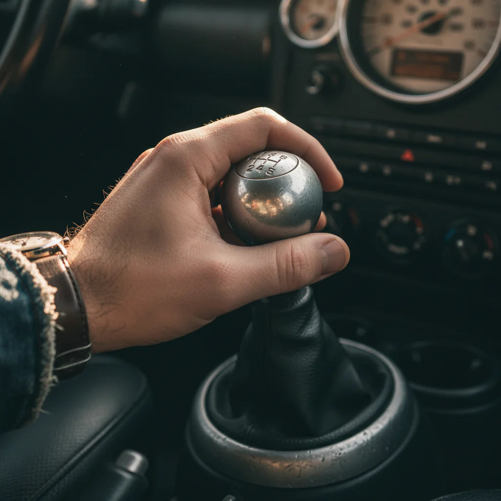 Hand resting on a metal manual gear shift knob with leather boot, car gauges behind