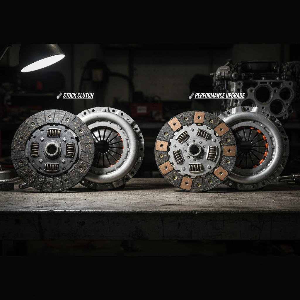 Two clutch assemblies side by side labelled Stock Clutch and Performance Upgrade