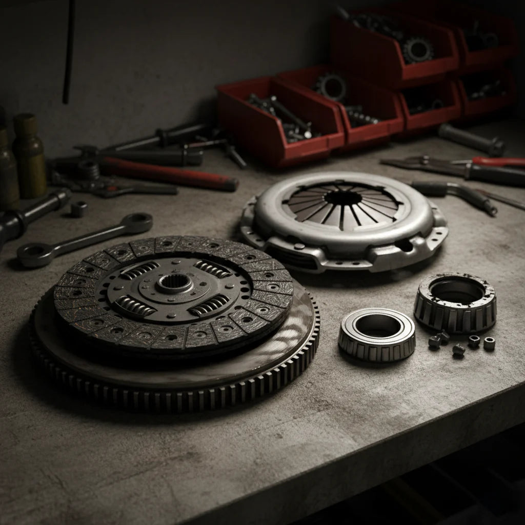 Disassembled clutch kit, friction disc, pressure plate and bearings, on a workbench with tools