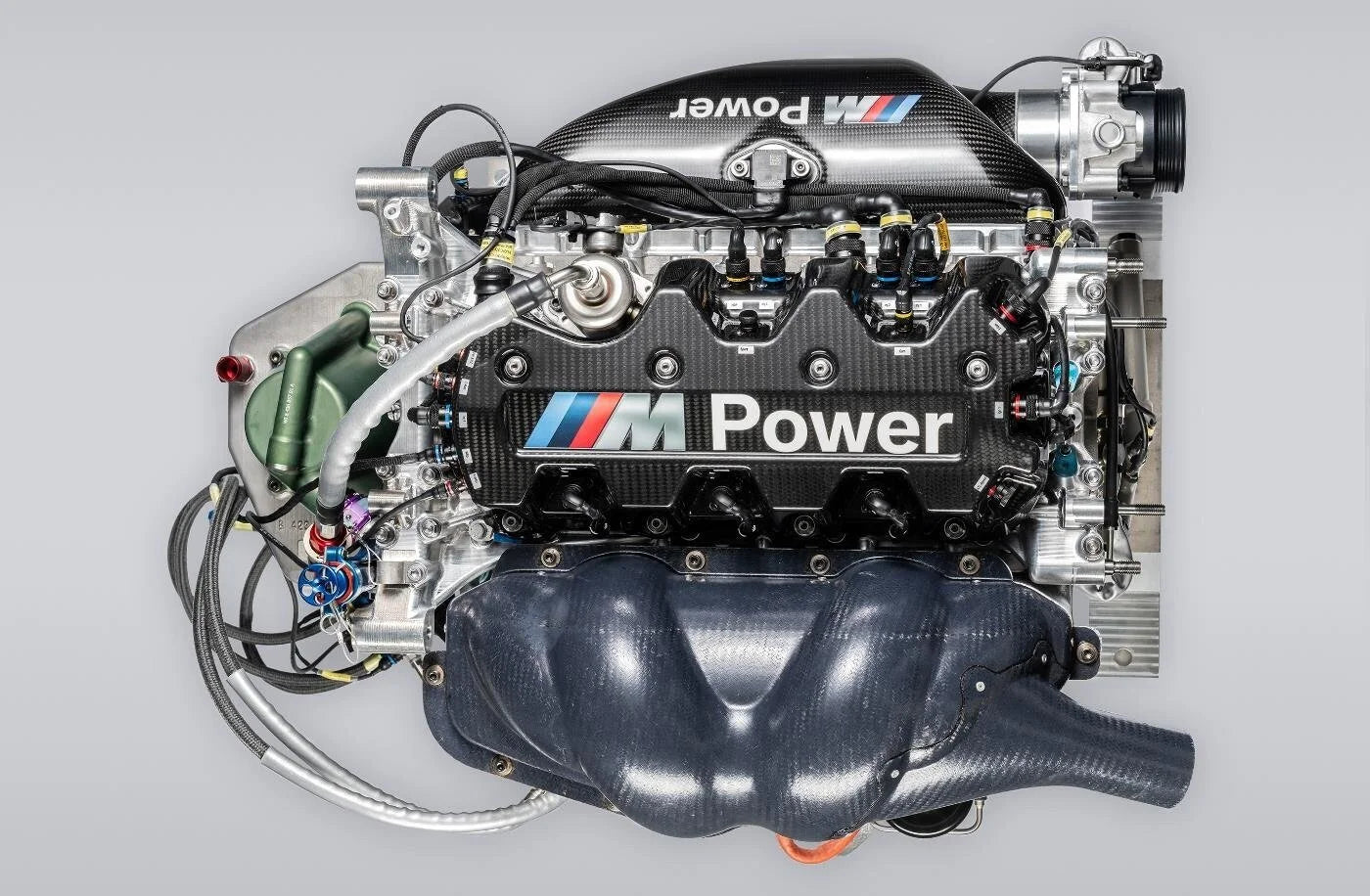 BMW M Power race engine with carbon-fibre covers viewed from above