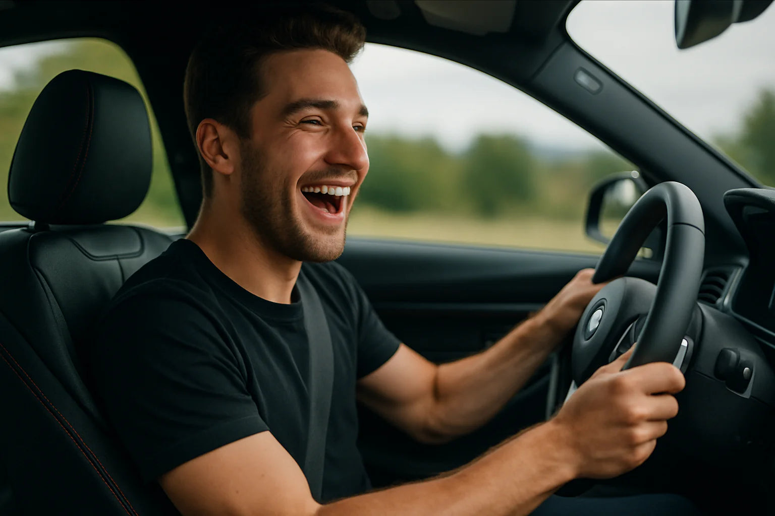 Smiling driver gripping the steering wheel inside a car